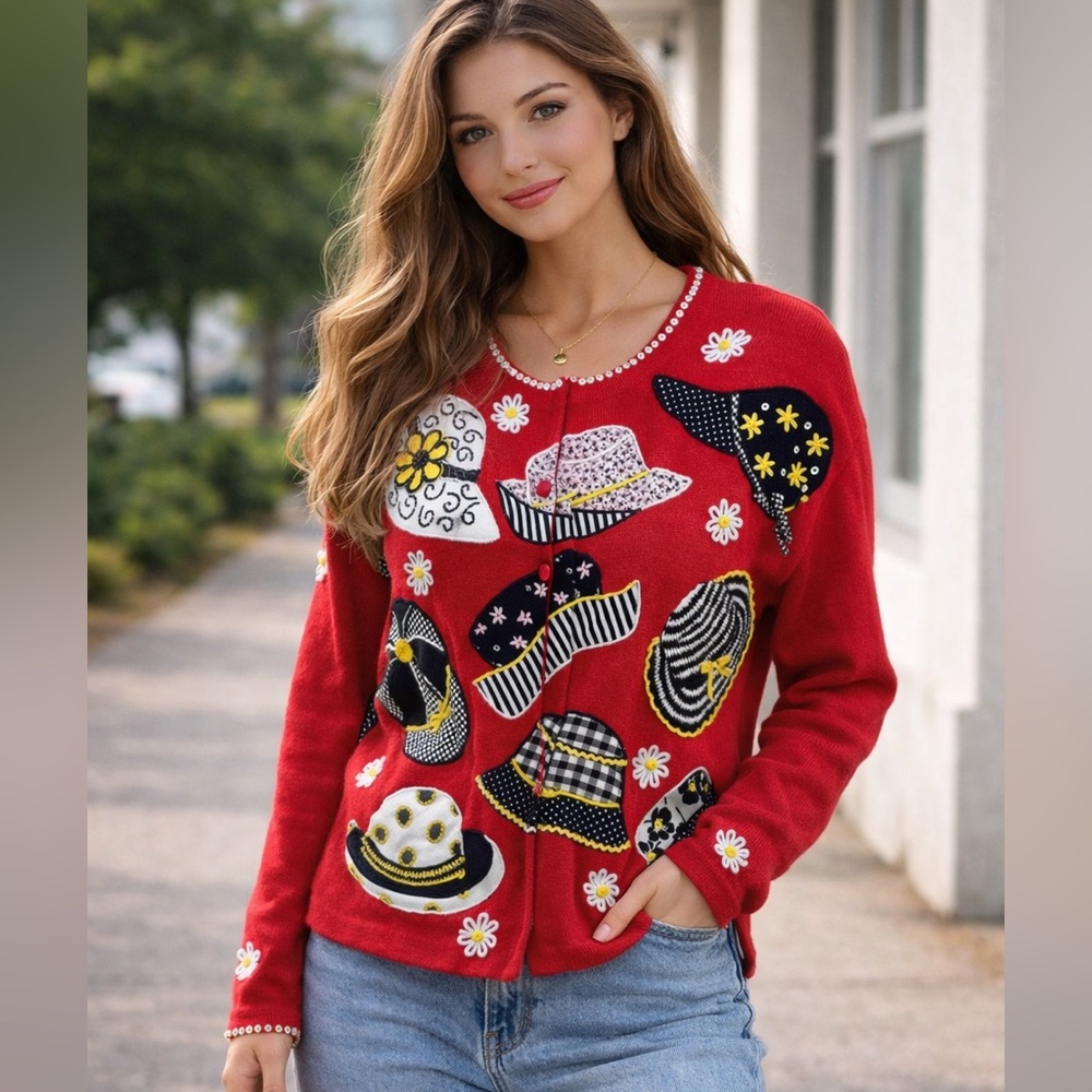 Vintage Design Options Red Sweater Size S/M Hat & Flower Appliqué Cardigan